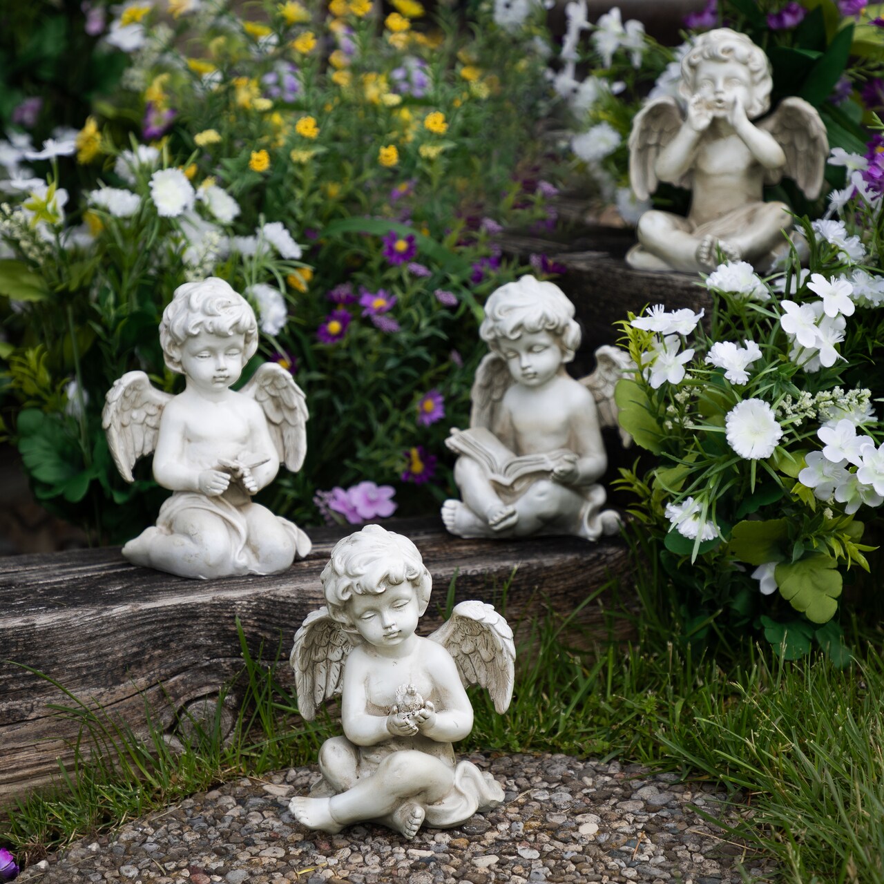 Northlight Set of 4 Gray Cherub Angel Outdoor Garden Statues 6.5"